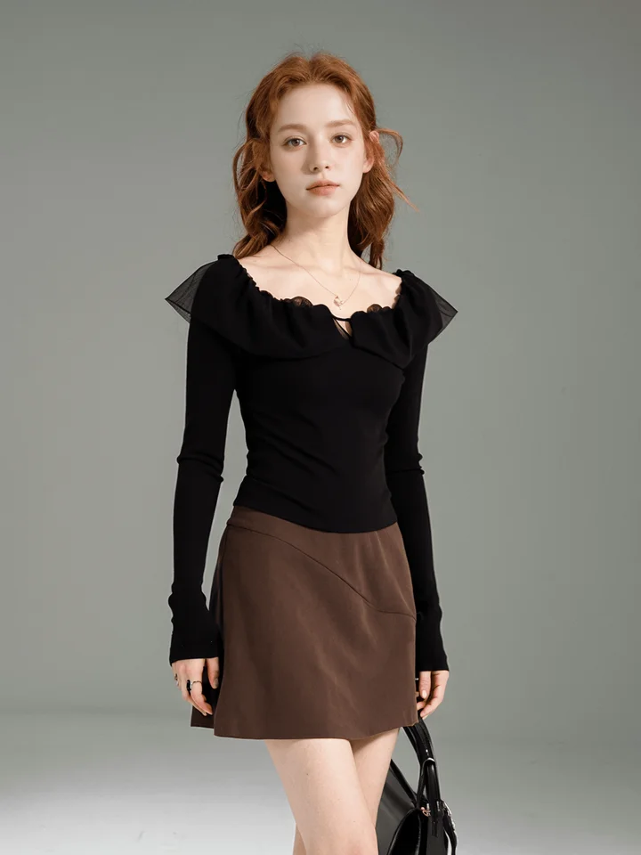 卓芝 一字肩デザインのストレッチ長袖Tシャツ【メッシュパネル・フィットタイプ】