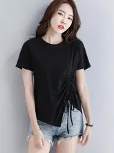 デザイン感のある不規則抽紐トップス【夏用・大きいサイ�ズ・ゆったり・半袖】