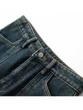 レトロ風ハイウエストフリース入りデニムパンツ【冬用・カジュアル・ワイドレッグ】