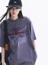 Tシャツ レディース 半袖 クルーネック アメリカン風 ストリート フラッグ柄 ヴィンテージ加工 ウォッシュド サブカル風 夏
