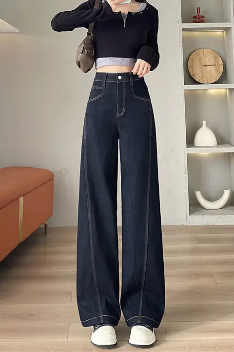 デニムブルーのワイドレッグデニムパンツ【高腰・ストレート・防寒裏起毛】