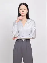 OHCRUSHY シルクサテン春用 レディースシャツ【Vネック・長袖・通勤向け・ゆったりフィット】