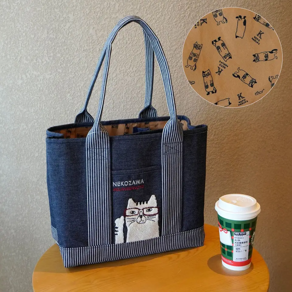 トートバッグ レディース デニム キャット刺繍 多ポケット 大容量 通勤