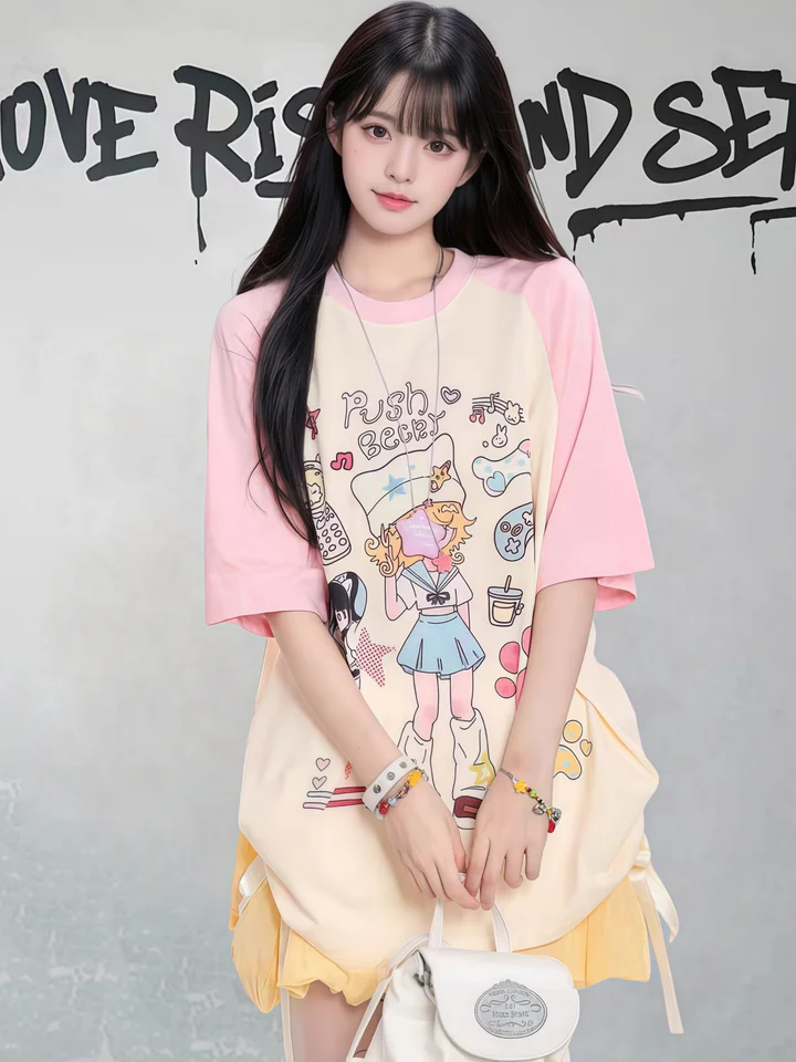 春夏用カジュアルデザインのピンク色短袖Tシャツ【アメリカンアートスタイル・ユルいシルエット・Y2K風】