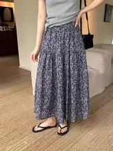 ヴィンテージ風 フラワープリント Aラインロングスカート【ウエストゴム・軽やかなドレープ】