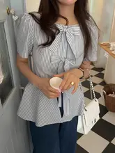 レトロデザインのストライプ半袖シャツ【リボン付き・フリルヘム・夏用】