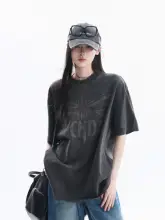 Tシャツ レディース 半袖 クルーネック アメリカン風 ストリート フラッグ柄 ヴィンテージ加工 ウォッシュド サブカル風 夏