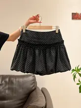 黒地に水玉模様のハイウエストAラインスカート【女性用・夏用・短め】