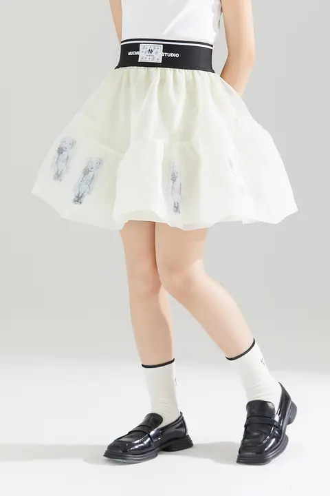可愛いクマプリント付チュールスカート【子供用・夏用・ショート丈・おしゃれ】（セットアップ対応）