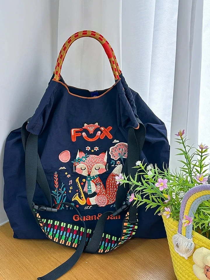 スタイリッシュなナイロン刺繍ショッピングバッグ【エコ・大容量・折りたたみ式】