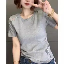 大きいサイズのレース透かしデザイン半袖Tシャツ【夏用・コットン・スリムフィット】