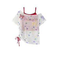 リボン付きチェック柄スラッシュショルダー半袖Tシャツ【夏用・キャミソール付・UVカット】（セットアップ対応）