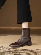 ブラウンショートブーツ【女性用・スクエアトゥ・太ヒール・冬用】