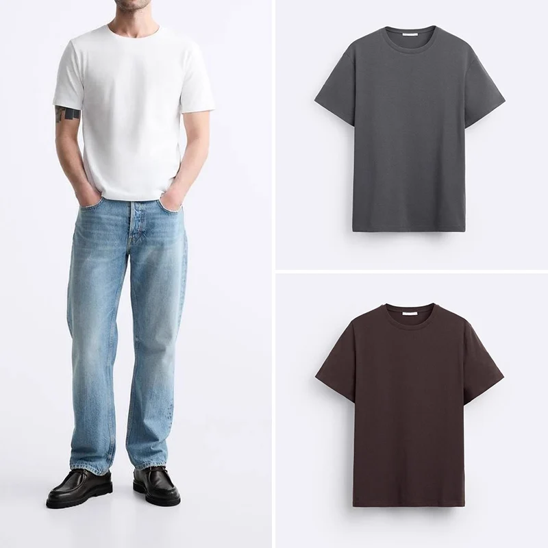 メンズ秋季カジュアルクルーネックTシャツ【フィット感・フランス風】 カーボンカラー（オリジナルロゴ入り）