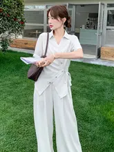 個性的で美しい不規則デザインのシャツとワイドパンツ【通勤に最適・夏用・高級感】（セットアップ対応）