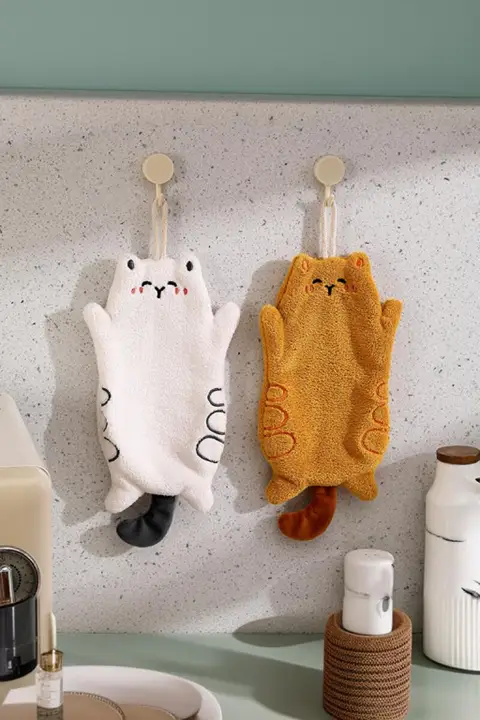 かわいい猫デザインのミニマルなハンドタオル【吸水速乾・キッチン用・フック付き】