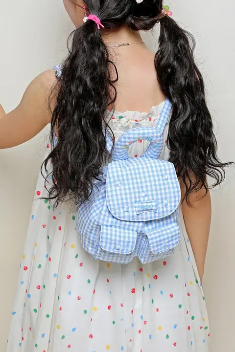 ミニリュック ガールズ 韓流 ブルーホワイトチェック柄 ギャザー 刺繍 ダブルポケット 手提げ ガーリー