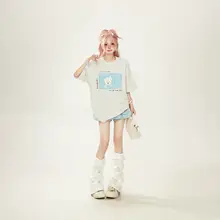 かわいい犬プリントのラウンドネックTシャツ【グレー・短袖・夏用・女性用】
