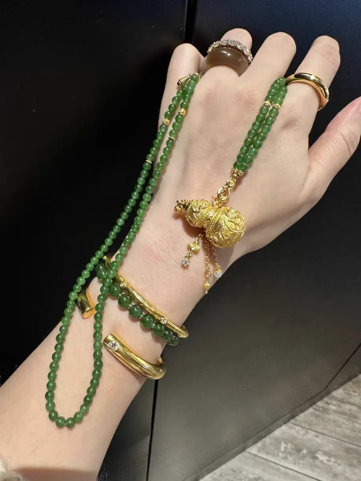 ネックレス ロングネックレス 天然碧玉 ビーズ 平安扣 着脱可能 マルチユース ゴールドペンダント対応