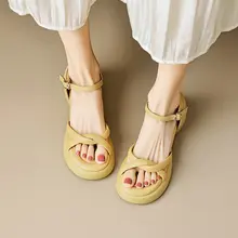 厚底ソフトサンダル レディース【真皮・フレンチスタイル・粗いヒール・高ヒール・小柄向け】