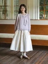淡い紫色のレースリボン付き長袖シャツ【麻と天絲使用・秋用・ルーズフィット】