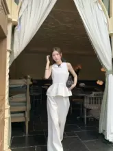 大溪地パールの純綿フレンチスタイル白色ウエストリボンブラウスとロングカジュアルパンツ（セットアップ対応）