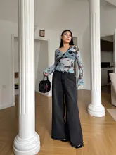 美式レトロデザインのフリンジデニムパンツ【高腰・フィット・女性用・秋冬】