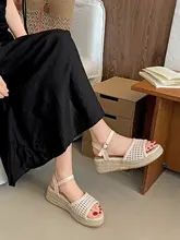 白色法式編み厚底サンダル【女性用・オープントゥ・夏用・ビンテージデザイン】