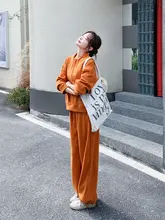 春秋用オレンジのスウェットシャツとワイドパンツ【カジュアル・スポーツウェア】（セットアップ対応）
