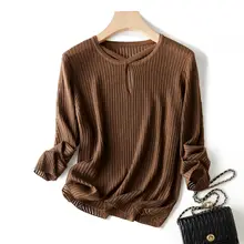 デザイン交差ラウンドネック透かしニットセーター【ウール混・長袖・秋用】（セットアップ対応）