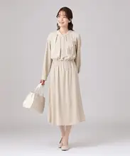 春用 柔らかなドレープのリボン付き長袖ワンピース【2つの着こなし】