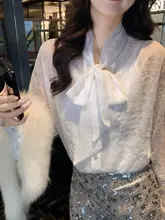 微透けリボン付きレースシフォンシャツ【春秋用・女性用】