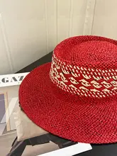 赤い平つばの草編み帽子【夏用・女性・日差し対策・アウトドア撮影用】