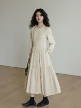 春用 ラウンドネック リネン混長袖シャツワンピース【ウエスト絞り・Aライン・通勤用】