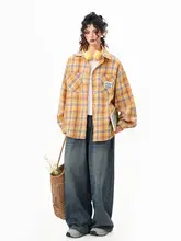 春のカジュアルなスタイルにぴったり！イエロー格子柄長袖シャツ【男女兼用・ゆったりシルエット】