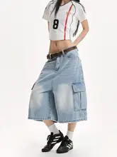 美式復古風のワイドレッグ多ポケットデニムショートパンツ【レディース・フィット・カジュアル・七分丈】（セットアップ対応）