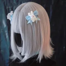 手作りもふもふウサギのリボンヘアクリップ【ブルー・ホワイト・ユニークデザイン】