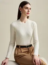 100%ラムウールのシンプルな女性用ニットセーター【ラウンドネック・長袖・カジュアル】（セットアップ対 応）