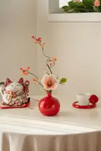 陶器製 赤いザクロ花瓶【中華風デザイン・リビング・テーブル装飾用】