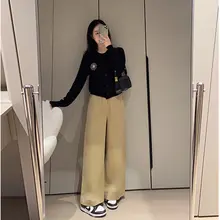カーキ色 レディース フィット ワイドレッグパンツ【春秋用・カジュアル・スリム効果】