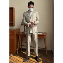 春季イタリアンスタイルダブルボタン休閒ジャケット【ヘリンボーン柄・二ピース】（セットアップ対応）