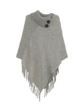 キャメルカラーのケープショール【ハイエンド・千鳥格子・フリンジ付き・ニット】