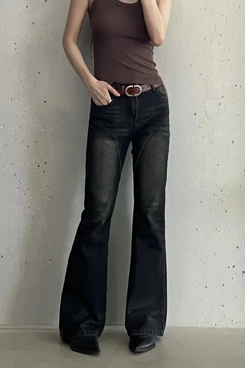 NOAYTOK ハイウエスト ブラックヴィンテージ デニムパンツ【フィット・水洗い加工・スリムデザイン】