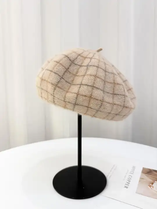 ツイード風ラメチェックのウール混ウサギ毛ベレー帽【秋冬用・ファッション・女性用】