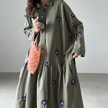 秋季ヴィンテージスタイルの刺繍デザインワンピース【衿付き・ゆったり長袖・花柄】