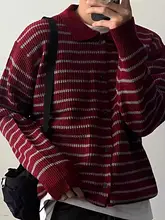 レトロデザインのレッドストライプニットカーディガン【男性用・翻領・韓国風】