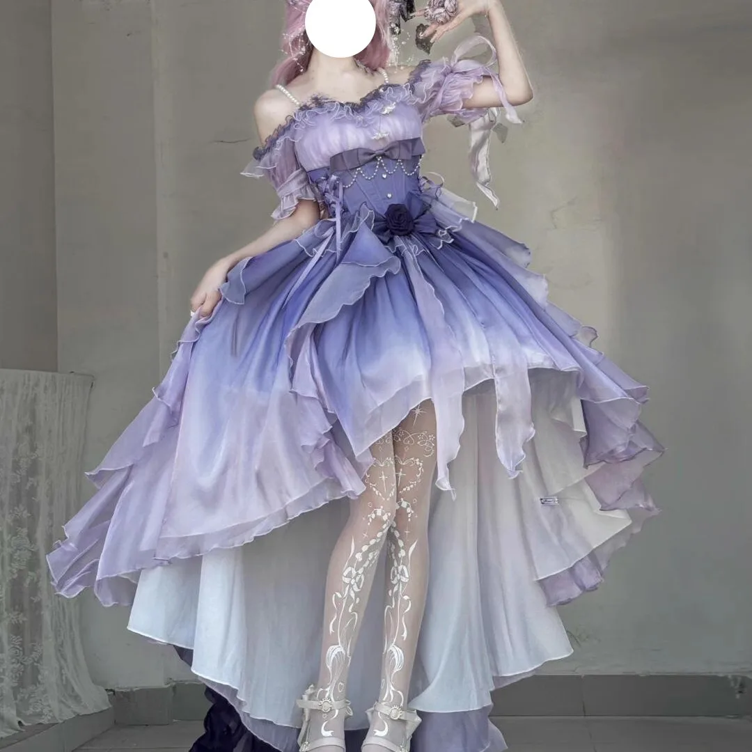 ブルーの花嫁ロリータワンピース【トレーン付き・フリルデザイン・ふんわりシルエット】