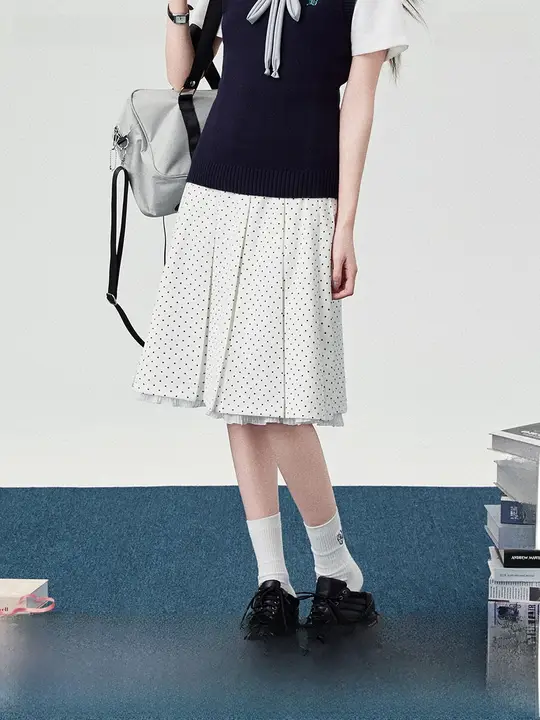 春用JK制服 半身スカート【高ウエスト・白・ドット柄・フリル付き】
