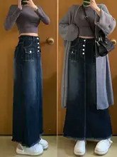 レトロデザインのデニムハイウエストスカート【Aライン・ロング丈・ゆったりサイズ】