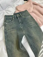 加圧効果のある冬用ヴィンテージ風ブルー微フレアデニムパンツ【ハイウエスト・ストレート】